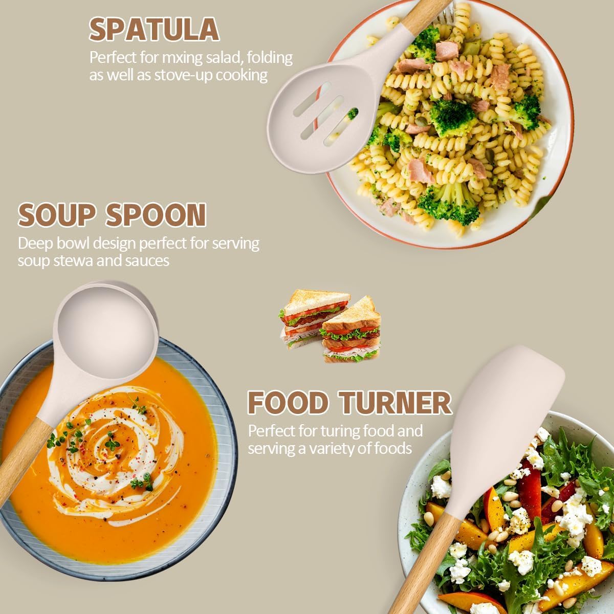 Umite Chef 33-Piece Kitchen Utensil Set – Non-Stick Silicone Spatulas with Wooden Handles & Holder, Khaki Kitchen Gadgets