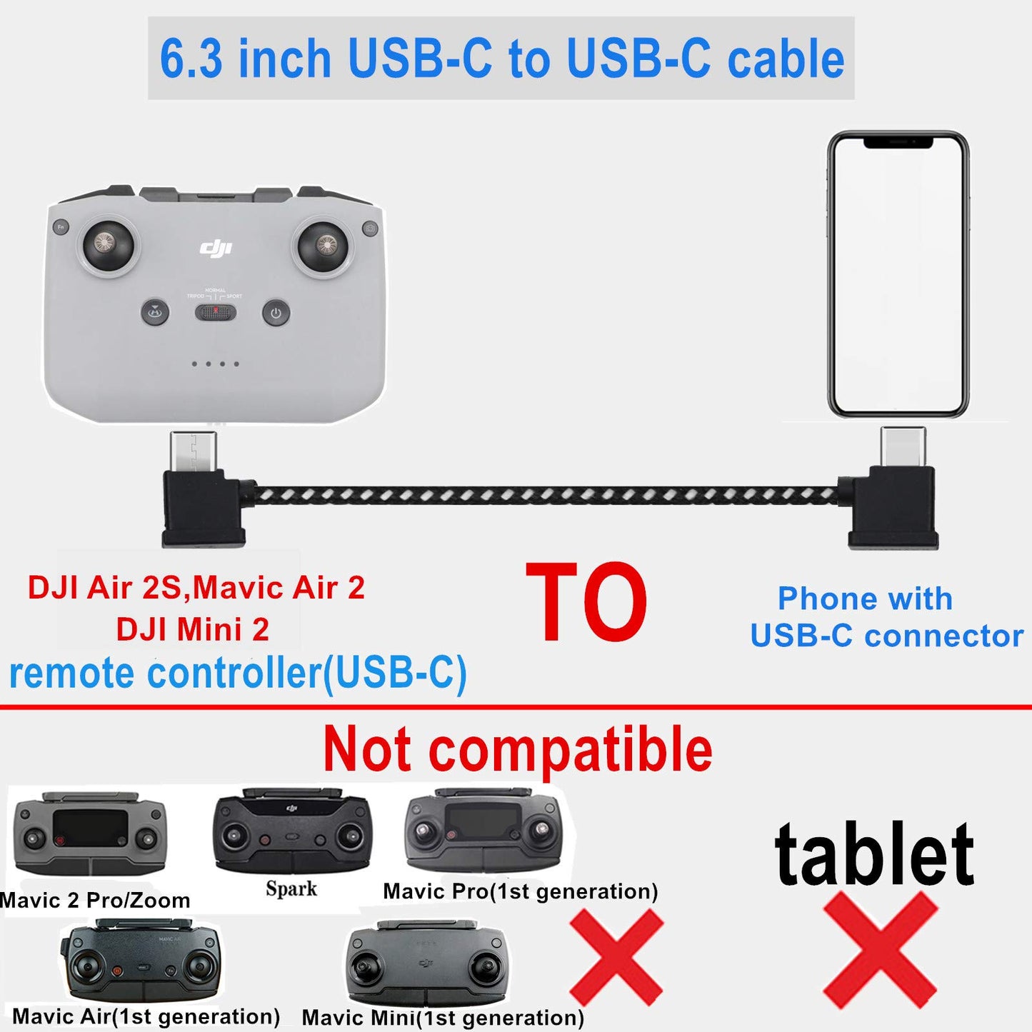 Hanatora 6.3 Inch USB C to USBC RC-N3/N2/N1/N1C Remote Controller Cable for DJI Flip,Neo,Mavic 3,Air 3S/3/2/2S,Mini 4K/2 SE/3/4 Pro,OTG Phone Nylon RC