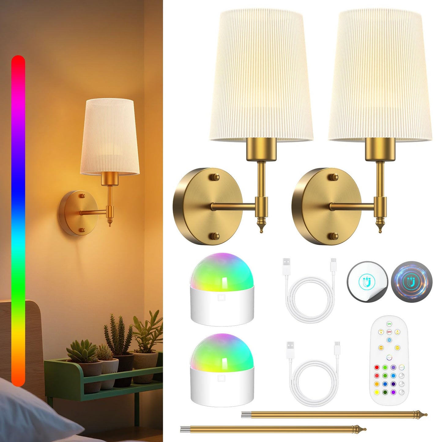 Wireless Wall Sconces Set Of Two,Rechargeable10000mah & 500 Lumens Battery Operated Wall Sconce,22in Gold Wall Lights With RGB Magnetic Bulb