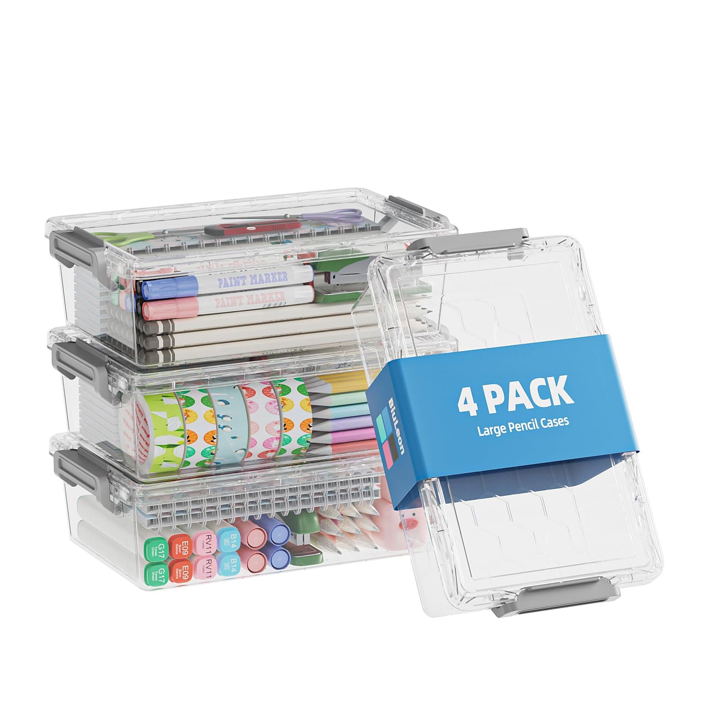 BiuLeon 4 Pack Extra Large Pencil Box, Plastic Pencil Case Organizer, Clear Crayon Box Marker Organizer, Stackable Craft Organizers and Storage