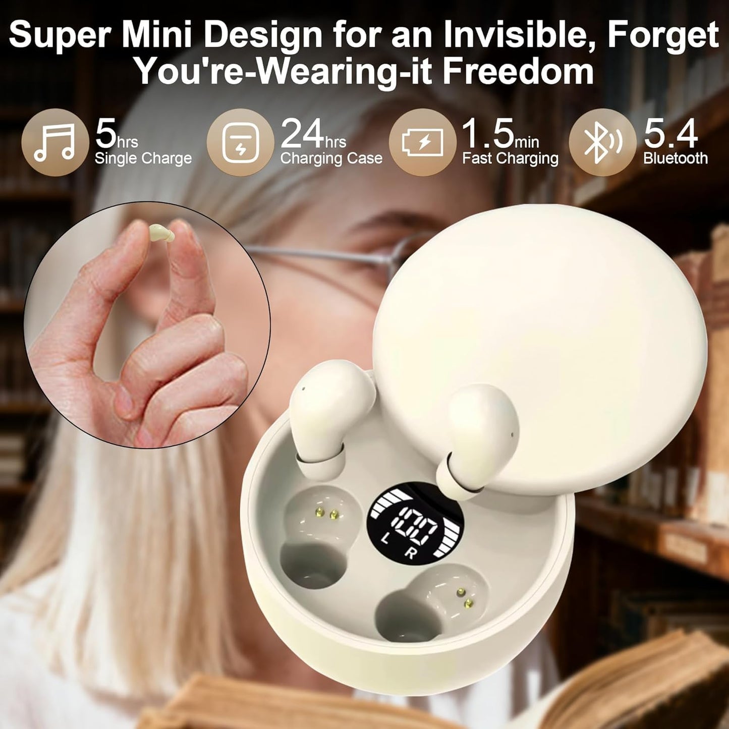 Invisible Mini Earbuds for Small Ear Canals, Smallest Wireless Bluetooth in-Ear Headphone for Work & Daily Use, Soft Silicone Ergonomic Fit, Micro Ear