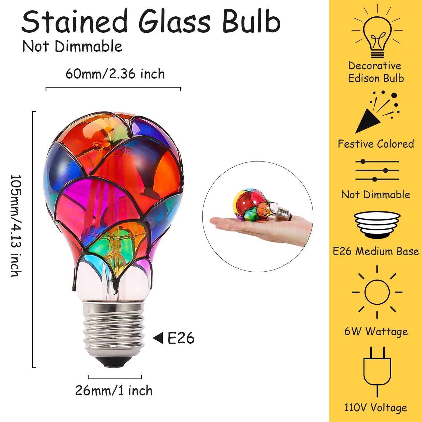 VALUCKY Stained Glass LED Light Bulb, E26 Base 6W A19/A60 LED Colorful Bulb for Party Lighting, Bedside Lamp, Festive Atmosphere, Christmas Halloween
