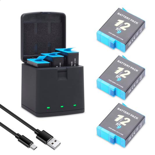 Hero 12/11/10/9 Battery 3Pack 2000mah with 3-Channel USB Storage Fast Charger Kit Fully Compatible for Hero 12, Hero 11, Hero 10, Hero 9 Black