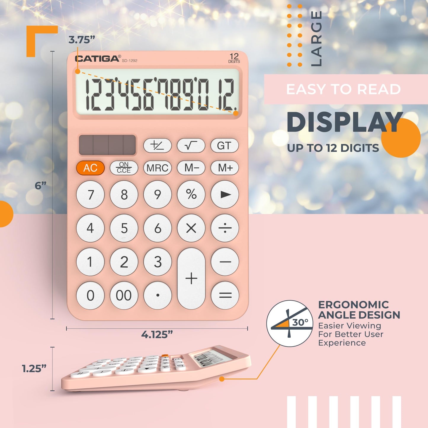 CATIGA 12 Digit Desktop Calculator Basic Desk Calculator with Large LCD Display, Big Buttons, 4 Function, Solar and Battery Dual Power, for Office