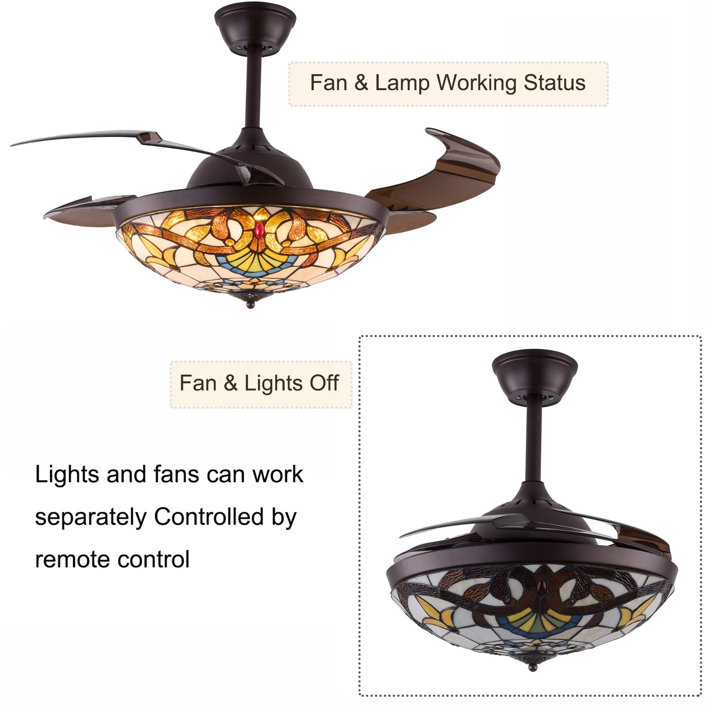 TFCFL 42" Ceiling Fan with Lights, Tiffany Style Dimmable Invisible Fan Chandelier Fandelier 3 Speeds 3 Light Changes with Retractable Blades