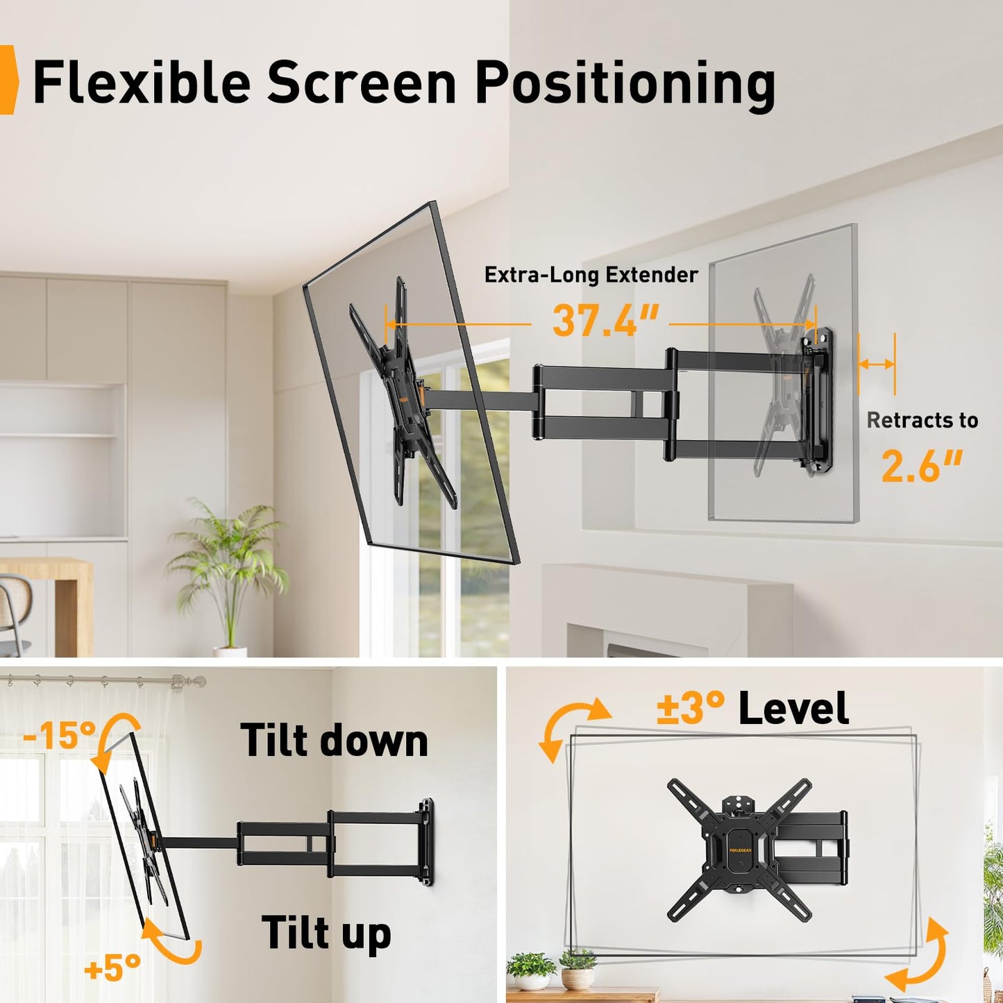 Perlegear Long Arm TV Wall Mount for 32-65? TVs, 37.4” Long Extension Corner TV Mount, Max VESA 400x400mm, Articulating Arms Full Motion Wall Mount