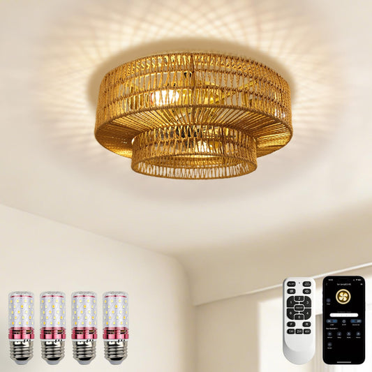 WUTGHUI Boho Ceiling Fan with Light and Remote,Rattan Fandelier Ceiling Fan with Light with 3 Mode Lighting and E26 Bulbs for Bedroom, Nursery, Garage