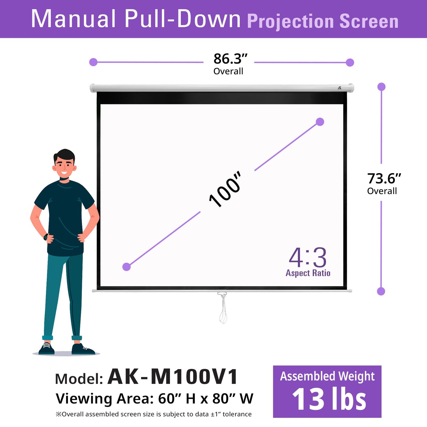 Akia Screens 100-Inch Manual Pull Down Home Theater Projector Screen 4:3, Retractable Wall & Ceiling Mount, Auto-Locking, White Case (AK-M100V1)
