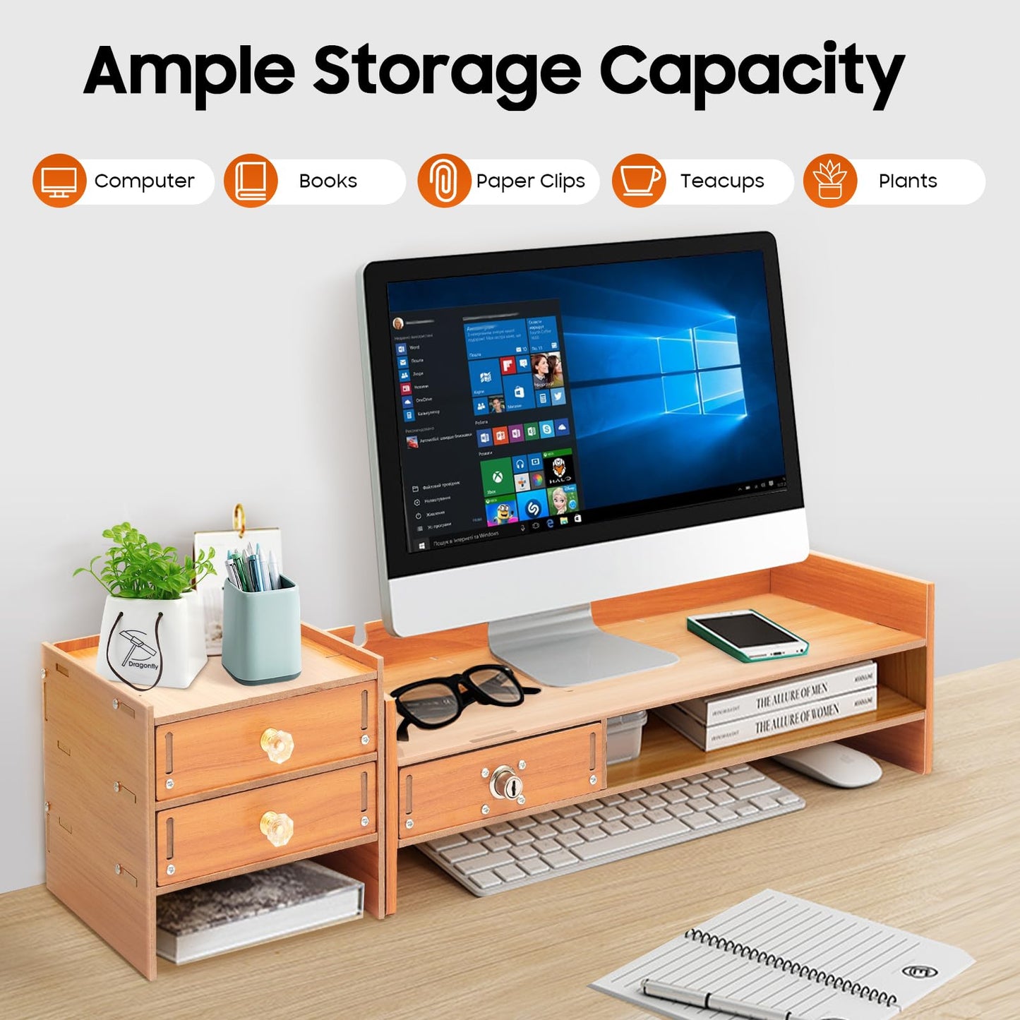 Wawuwao Computer Monitor Stand with Drawers, 18.9 Inch Wood Monitor Stand, Computer Rack with Lockable Drawer & Phone Holder for Office Home