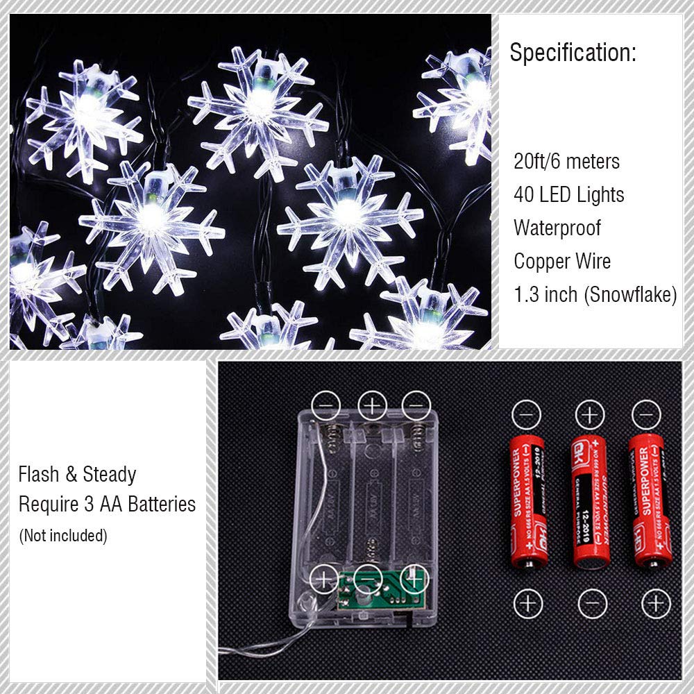 WesGen Christmas Lights?Snowflake String Lights Battery Operated Waterproof 20ft, 40 LED Fairy Lights for Xmas Garden Patio Bedroom Party Decor