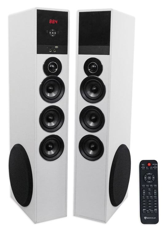 Rockville TM150W Powered Home Theater Tower Speaker System, White, 1000W, 10" Subwoofers, Bluetooth, USB/SD Playback, FM Radio, Remote Control