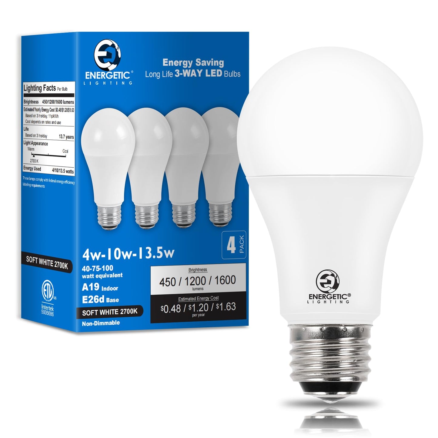 Energetic 3 Way LED Light Bulbs 4 Pack, A19 40 75 100W Soft White 2700K