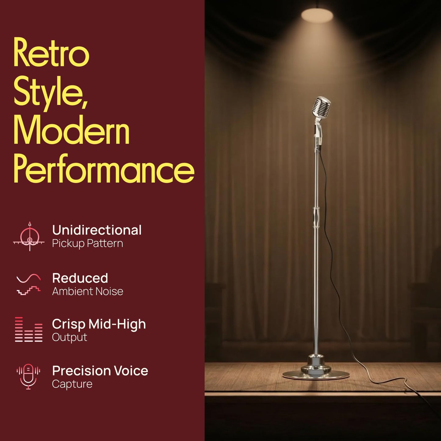 Pyle Retro Microphone, Classic Vintage Style, Unidirectional Audio, Adjustable Stand, XLR Cable, Silver Finish, Dynamic Vocal Performance Mic with