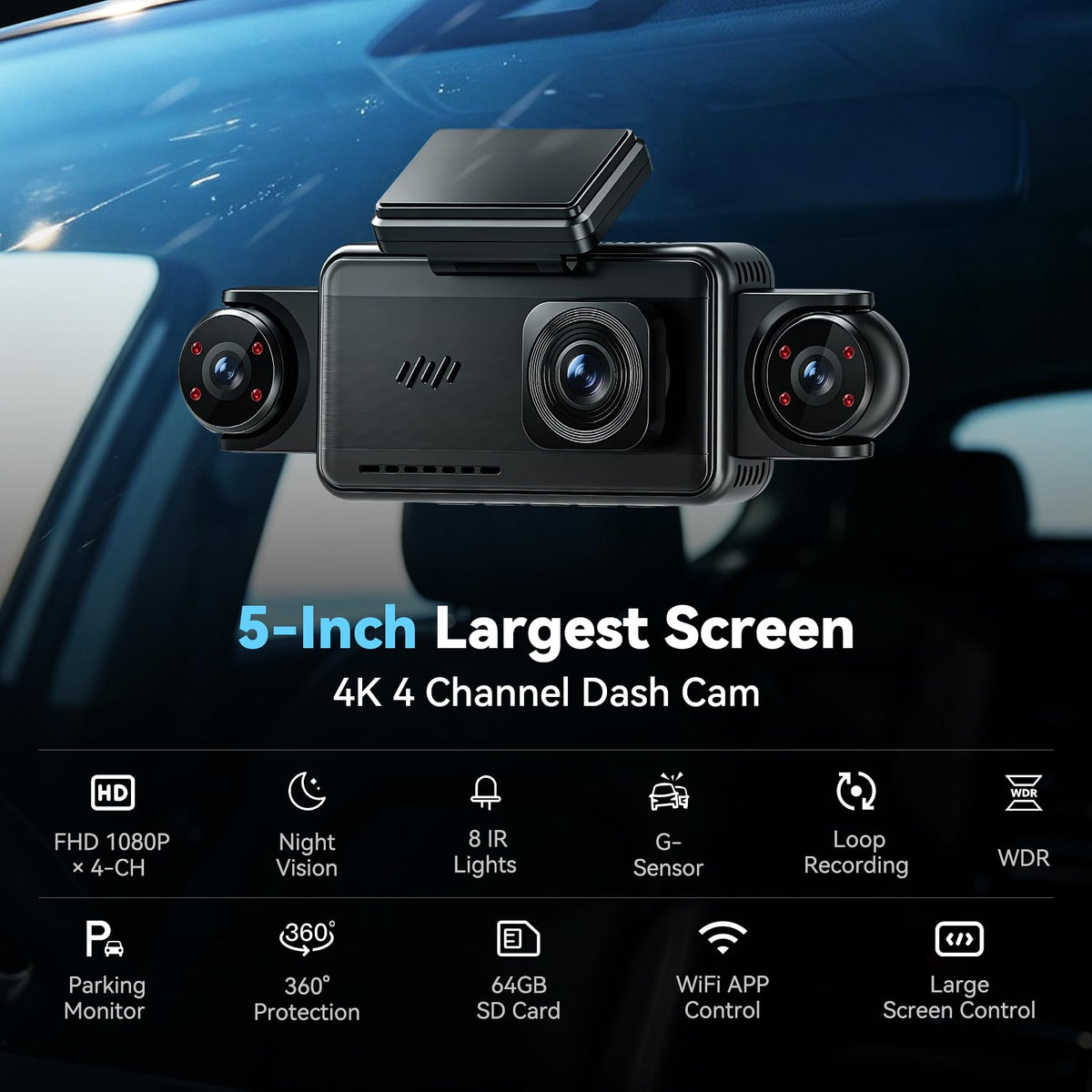 5'' Extra Large 4K Dash Cam Front Rear Left Right, 360° 4 Channel Dash Cam