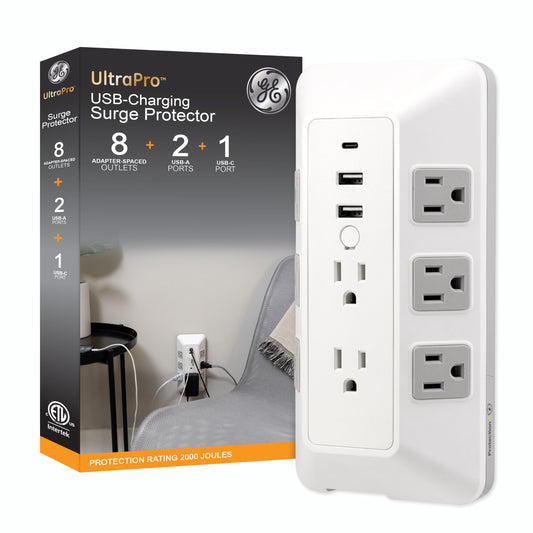 GE 8-Outlet Surge Protector with USB, Outlet Extender, 2 USB-A, 1 USB-C, Adapter Spaced, Multi Plug, Charging Station, for Home School and Office