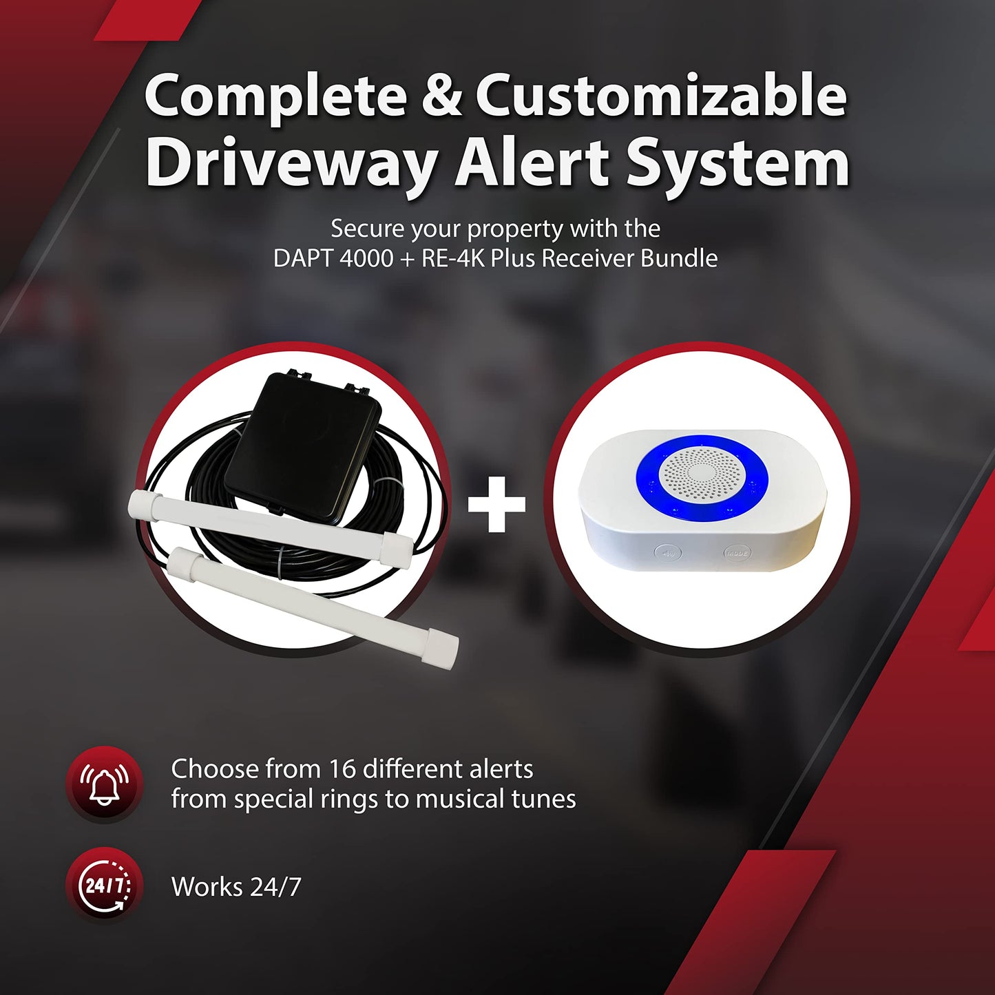 Dakota Alert Driveway Alarm System -DUAL-4k Plus Bundle - DAPT-4000 Driveway Alarm & RE-4K Plus Receiver, Directional Vehicle Sensor, Driveway Alarms