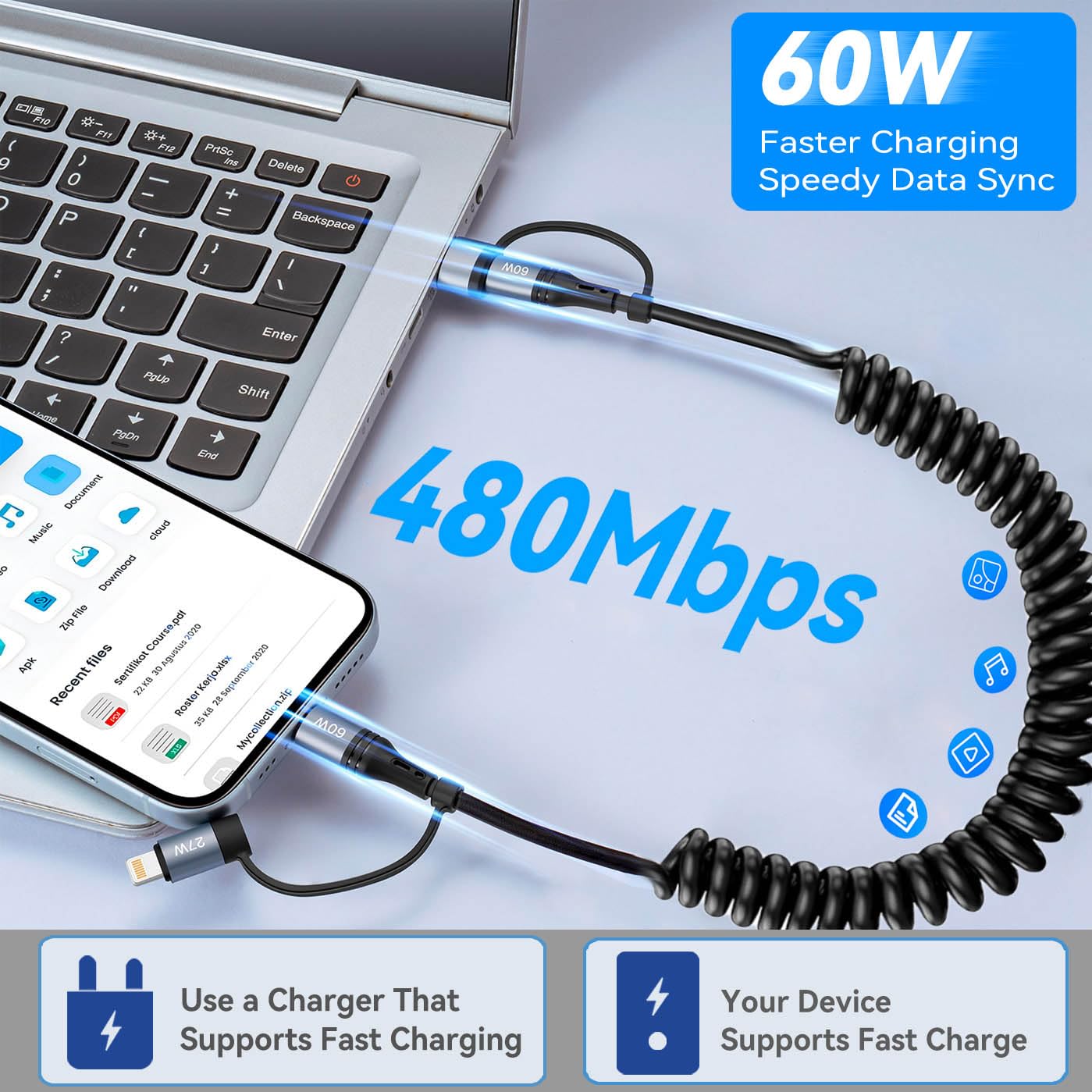 60W Coiled USB C Cable,iPhone Charger Cable for Car 2Pack 4FT [MFi Certified] Coiled Lightning Cable Fast Charging USB C to Lightning Cord