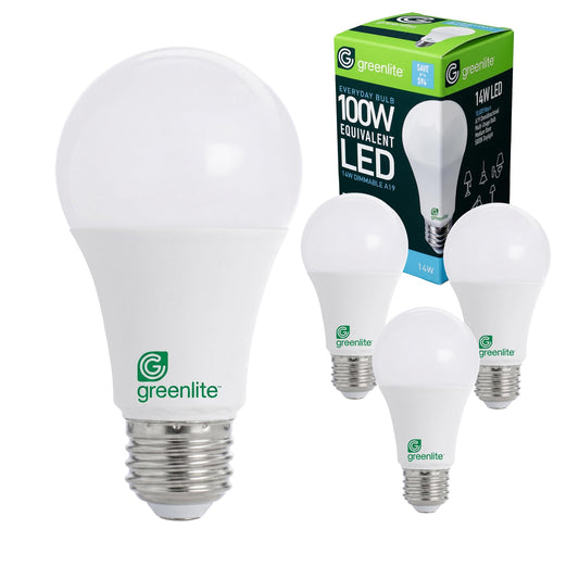 Greenlite A19 LED Bulbs, 14W (100 W Equiv.), 3000K, 1500 Lumens, 4 Pack