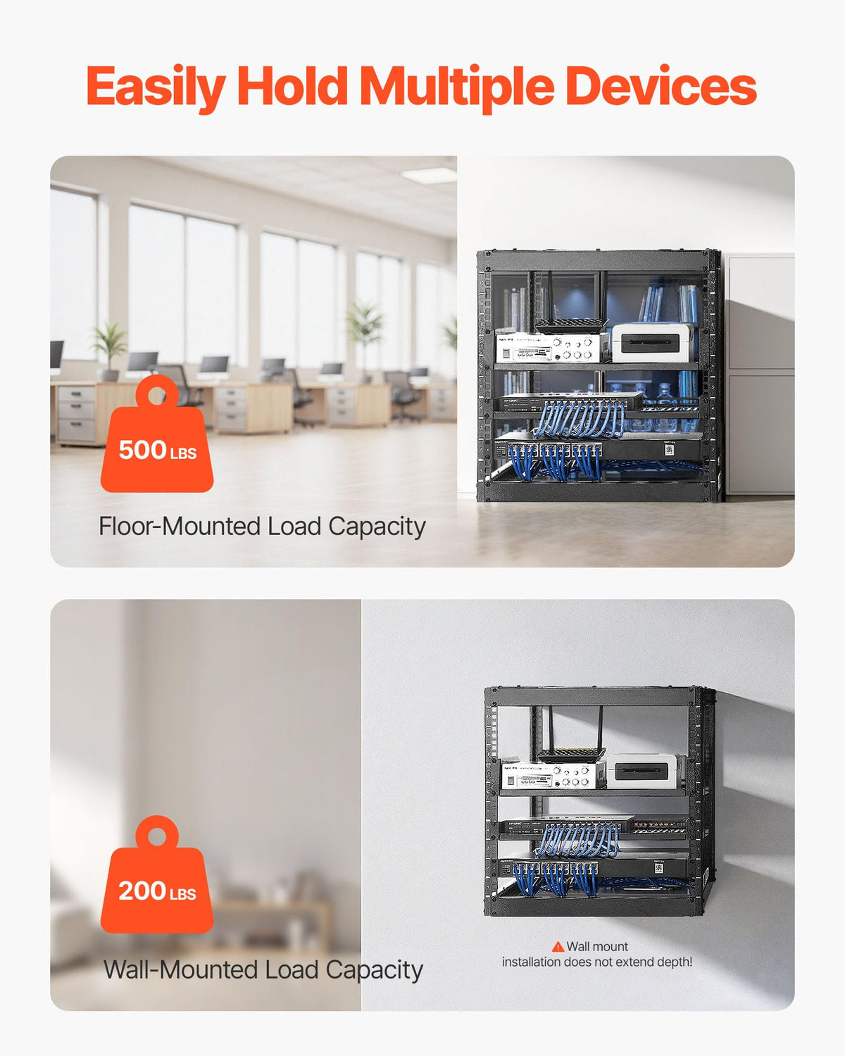 VEVOR 10U Open Frame Network Rack, 23 in Depth, Wall Mounted or Floor Standing Server Rack, Heavy Duty 4 Post, with Vented Shelves & Mounting
