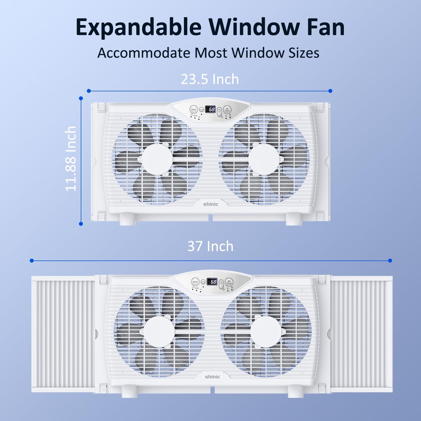 shinic Twin Window Fan, 9-Inch Blades Reversible Airflow, Thermostat Control, 3 Speeds, 3 Functions, 23.8"-37" Expandable Width, Window Exchaust Fans