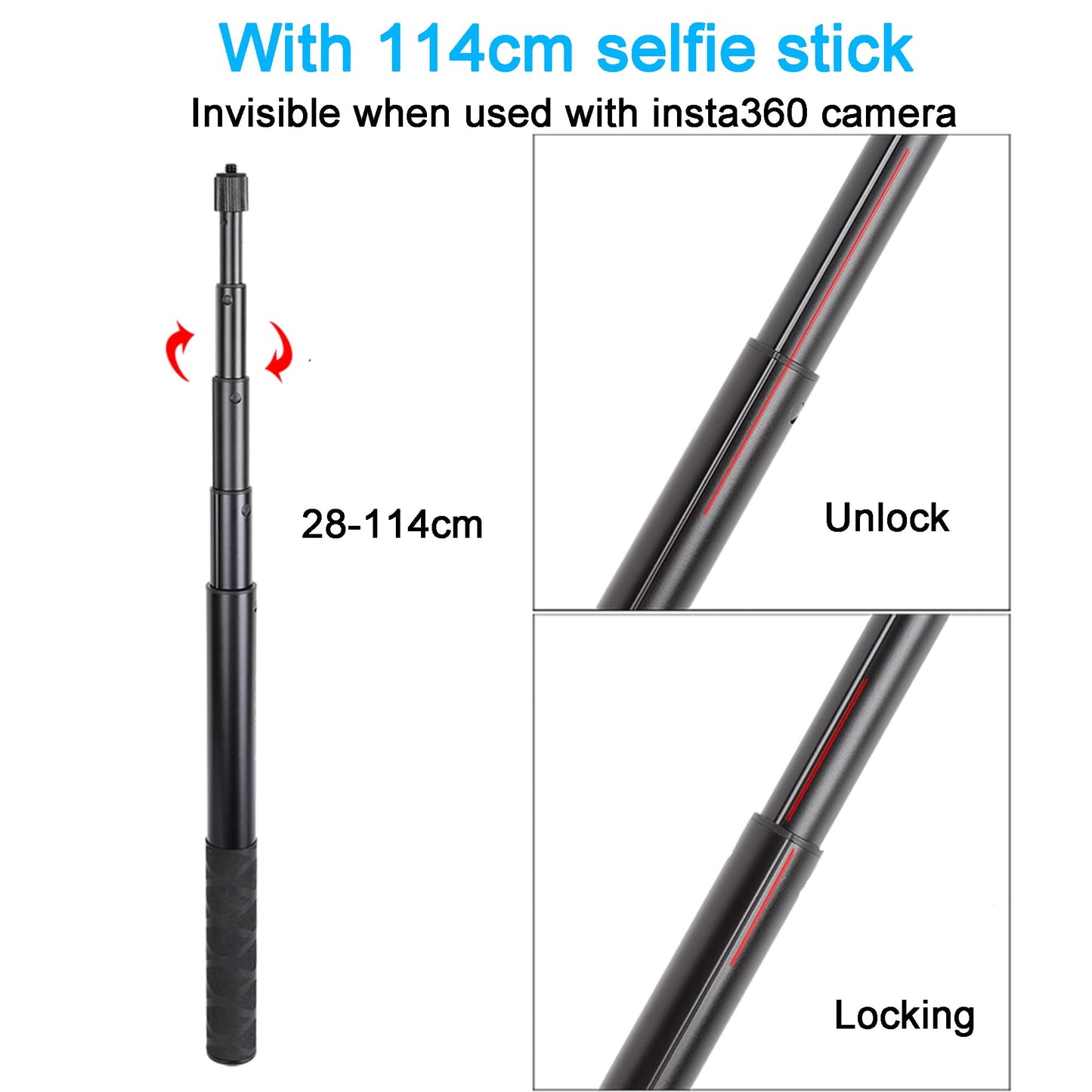 Third Person Perspective Handlebar Mount +114CM Invisible Selfie Stick for Bike Motorcycle Ride Tracking Shooting for Insta360 ONE X5,X4,X3,X2,X,RS,R
