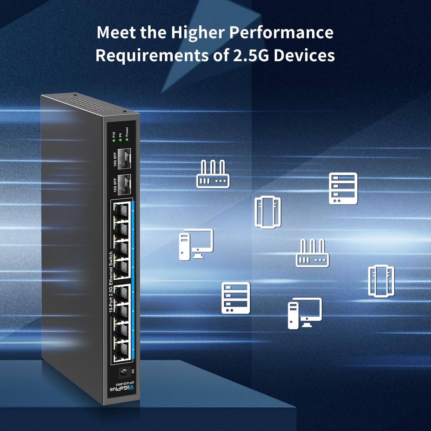 10 Port 2.5Gb Unmanaged Ethernet Switch with 8* 2.5G Base-T Ports, 2* 10G SFP+ Ports. GiGaPlus 2.5Gbps Network Switch for 2.5Gbps NAS/PC, WiFi6