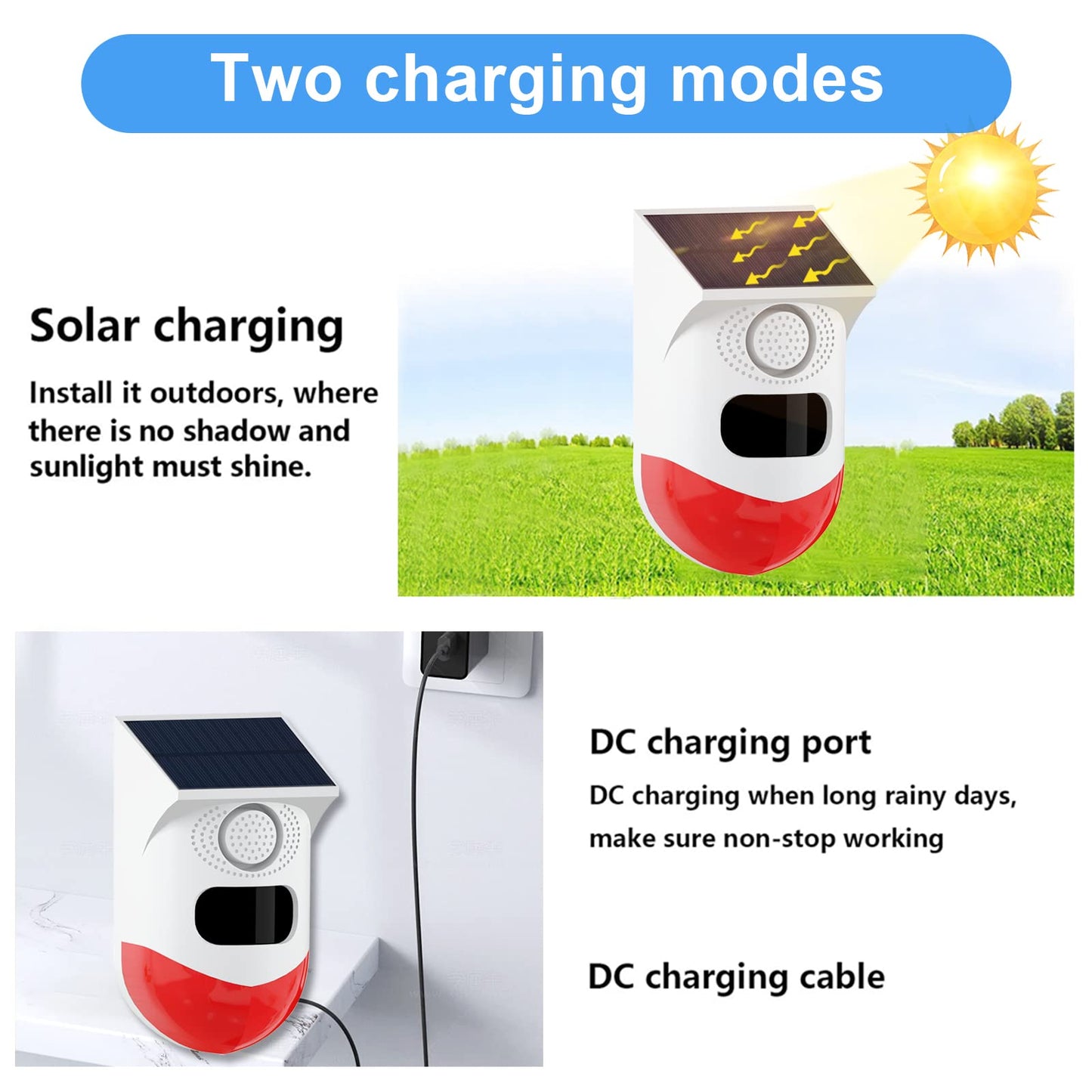 ChunHee Solar Motion Sensor Outdoor Alarm,Adjustable Sensitivity Motion Activated Alarm,129db Sound Security Siren Light IP67 Waterproof and 4 Mode