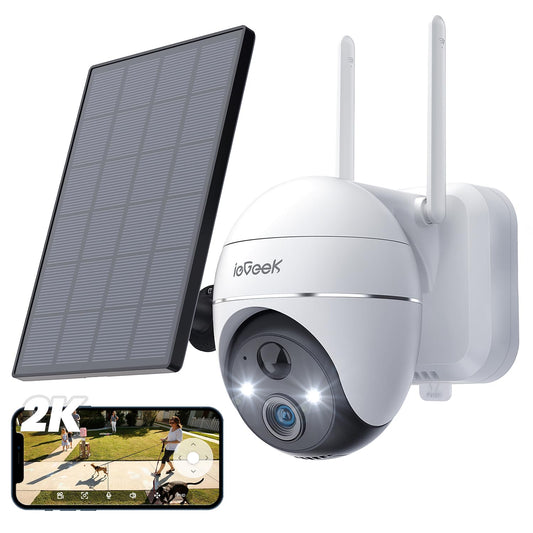 ieGeek Security Camera Outdoor, 2K Wireless WiFi 360°PTZ Camera, Solar Battery Powered Surveillance Camera with Spotlight/Siren/Motion Detection/3MP