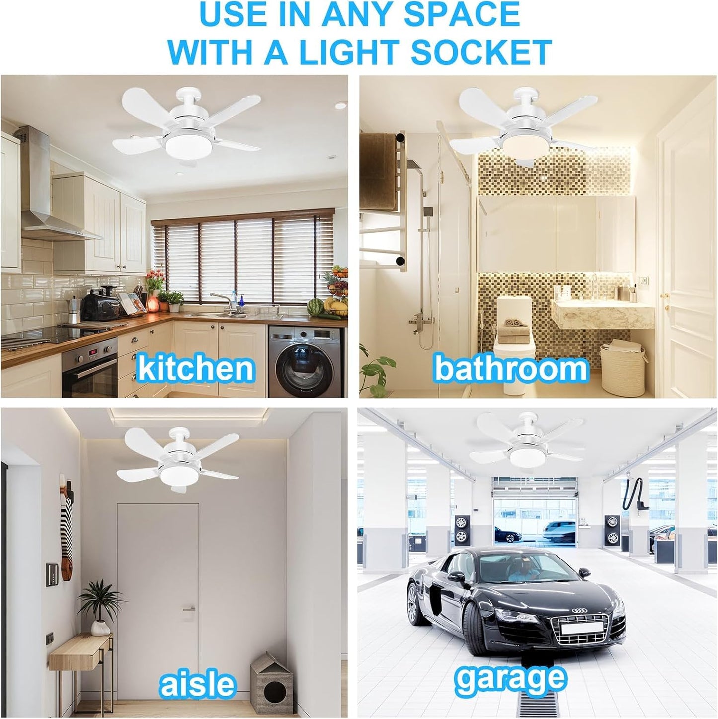 Socket Fan Light With Remote, Screw Ceiling Fans with Lights, 5 Reversible Blades, Quiet 6-Speed DC Motor, Dimmable Socket Fan for Garage Bathroom