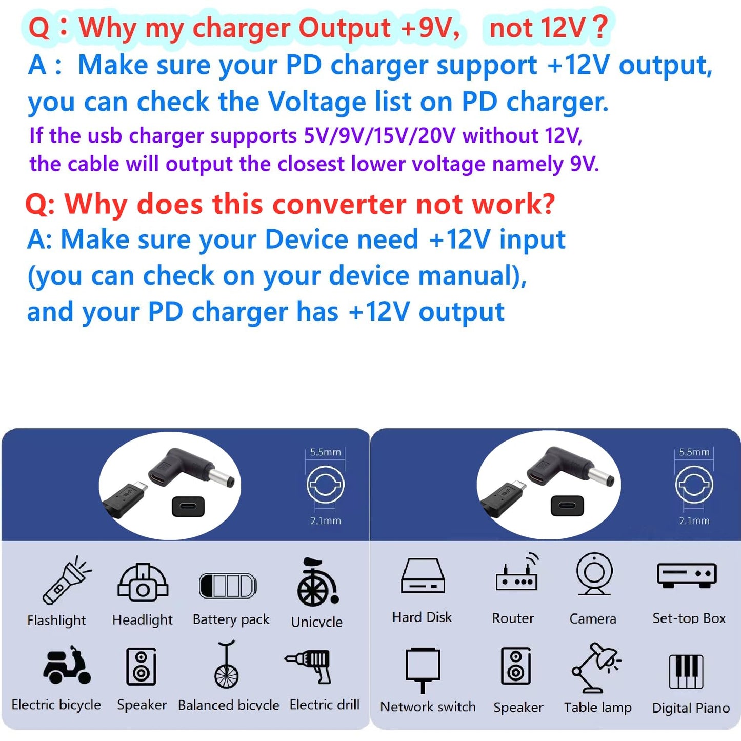 Female USB C to Male DC 5.5mm x 2.1mm Converter, 12V 3A USB Type C Input to DC5521 Output Adapter, work with PD Charger/Power bank and C to C Cable.
