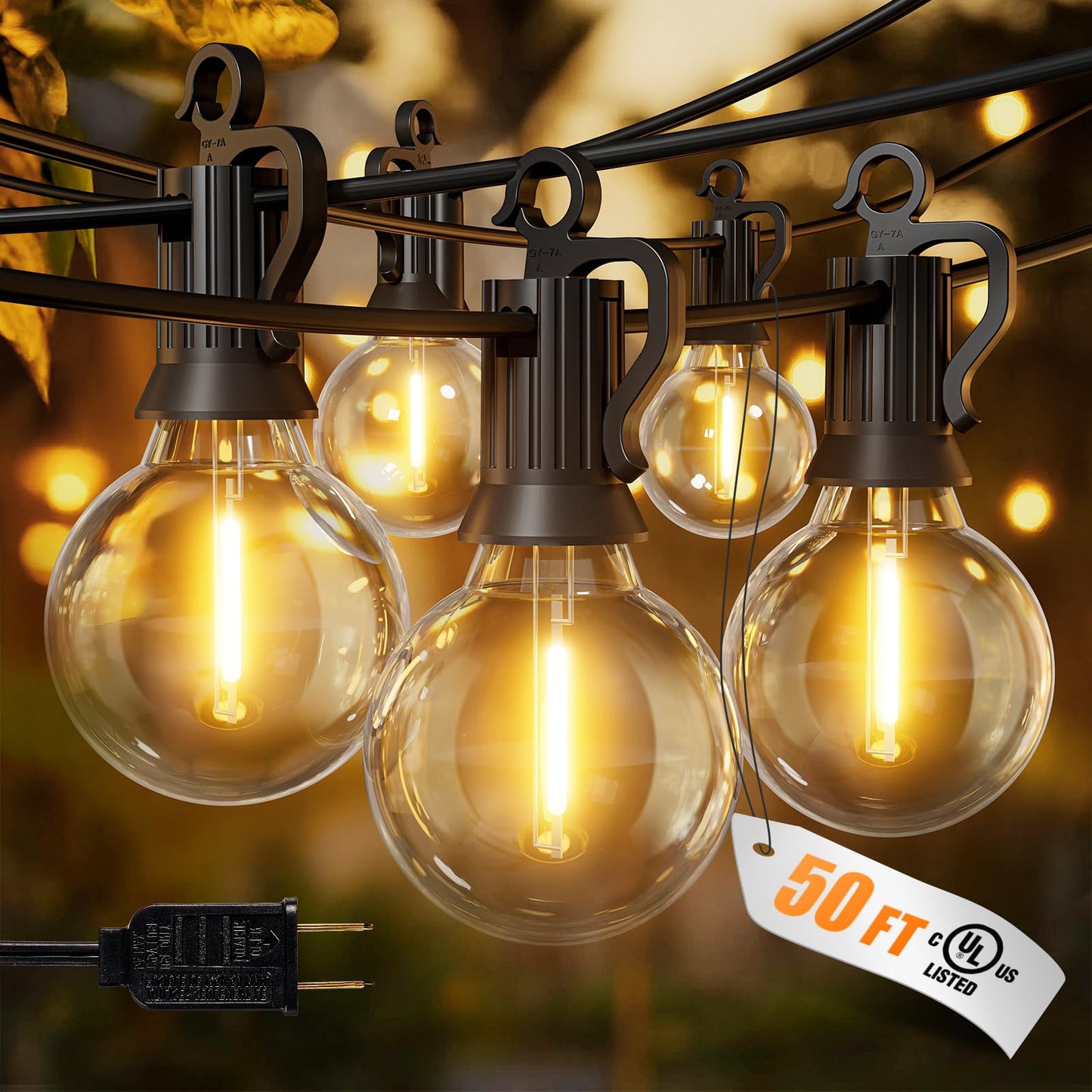 Brightown Outdoor String Lights, 50FT 25 G40 Bulbs Shatterproof Patio Lights, IP65 Waterproof Dimmable Hanging Connectable Globe LED Outdoor Lights