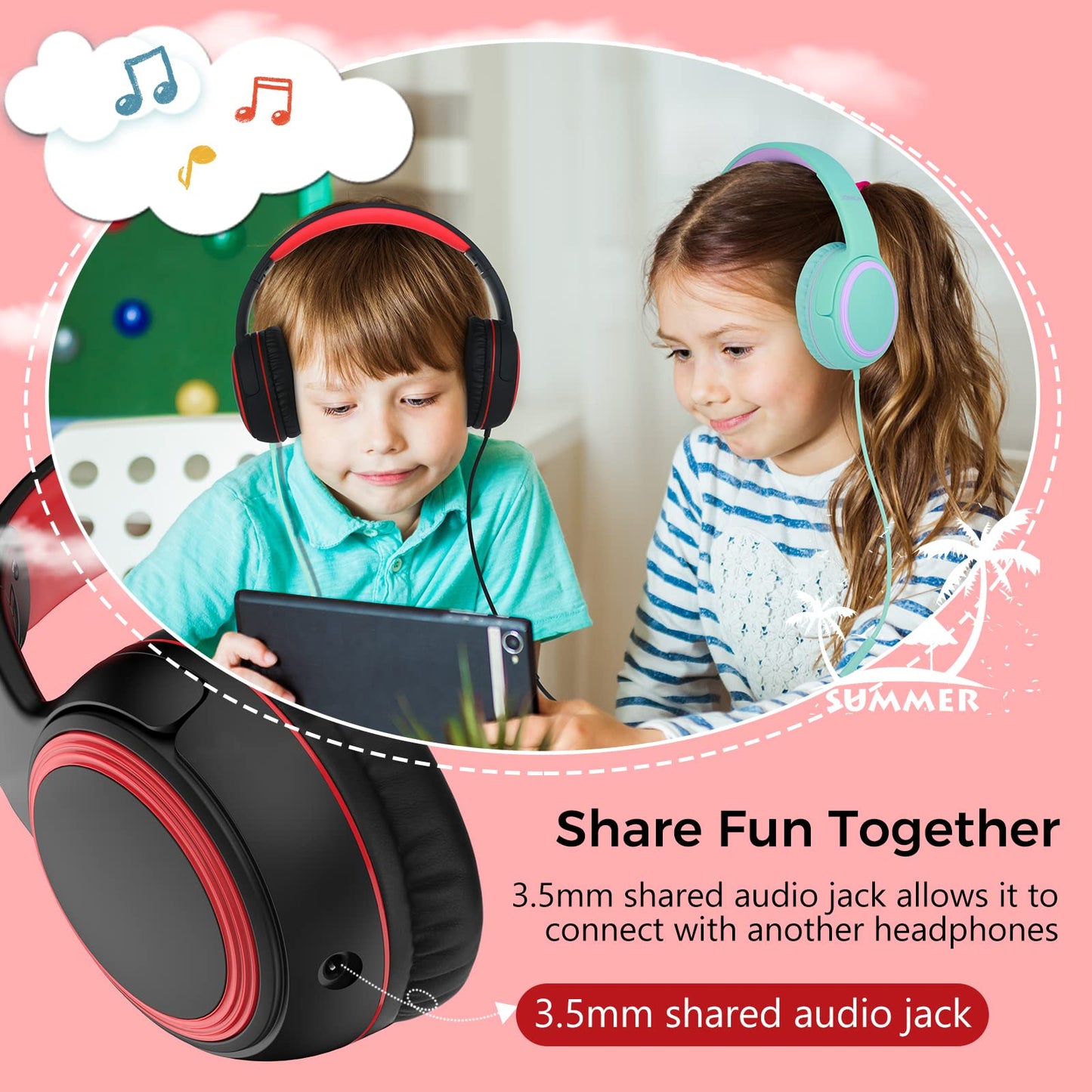 JOMILIN A10 Kids Headphones With Microphone, Lightweight Folding Stereo Bass With 1.5M No-Tangle Cord, Portable Wired for Smartphone Tablet Computer…