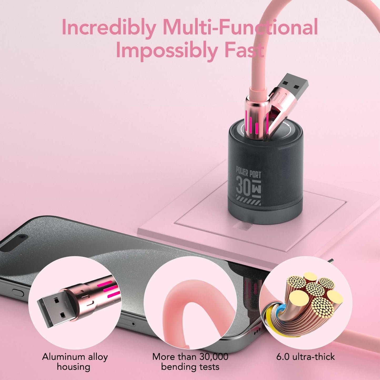 MFish 4-in-1 USB Charging Cable with Carrying Case, 240W Fast Charger Cord, USB-A & Dual USB-C to USB-C/Lightning, for iPhone 17/16/15/14, iPad