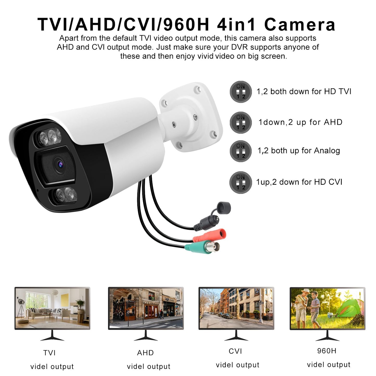 Voniviewse 1080P CCTV Camera (Hybrid 4-in-1 HD-CVI/TVI/AHD/960H Analog CVBS) Outdoor Indoor, 6pcs IR-LEDs, ICR, 2.8mm Lens, 105° Wide Angle, Full