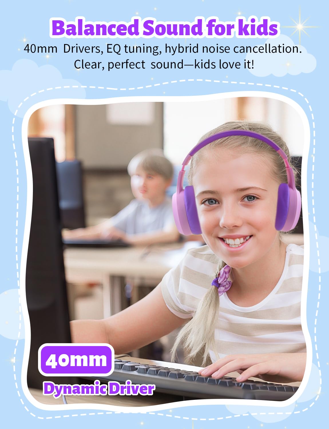 YUSONIC Active Noise Cancelling Headphones for Girls, 70H Play Time, Safe Volume 94dB, Bluetooth 6.0, Hybird ANC Kids Headphones Wireless…
