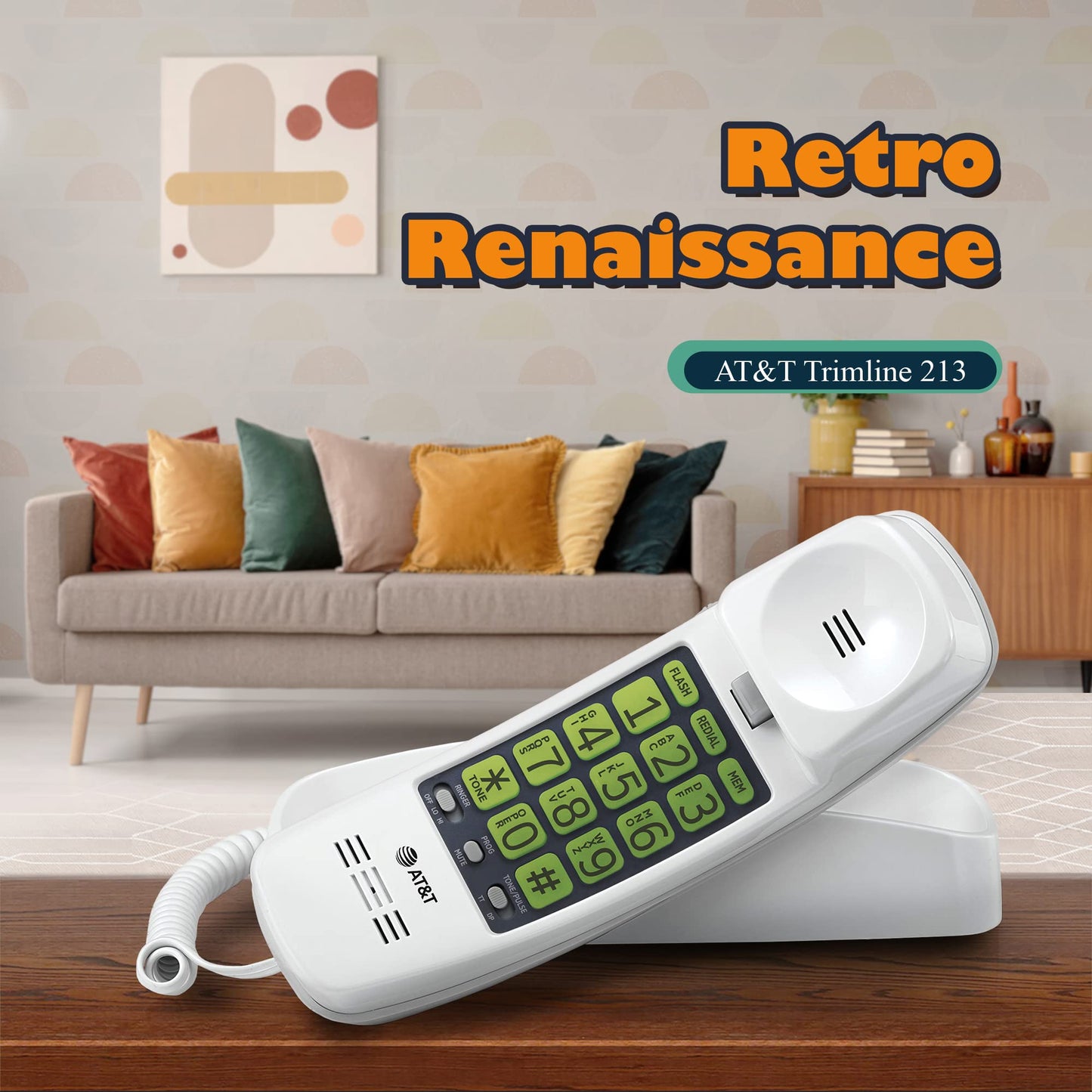 AT&T TRIMLINE 213 Corded Home Phone with Extra Big Buttons & Visual Ringer. No AC Power Required, Improved Easy-Wall-Mount, Lighted Keypad, 10 Speed