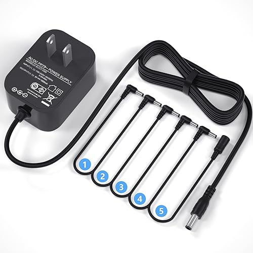 Replacement for 9V Guitar Pedal Power Supply 9 Volt Power Supply for Guitar Pedals，1A Tip Negative with 5 Way Daisy Chain Power Cable