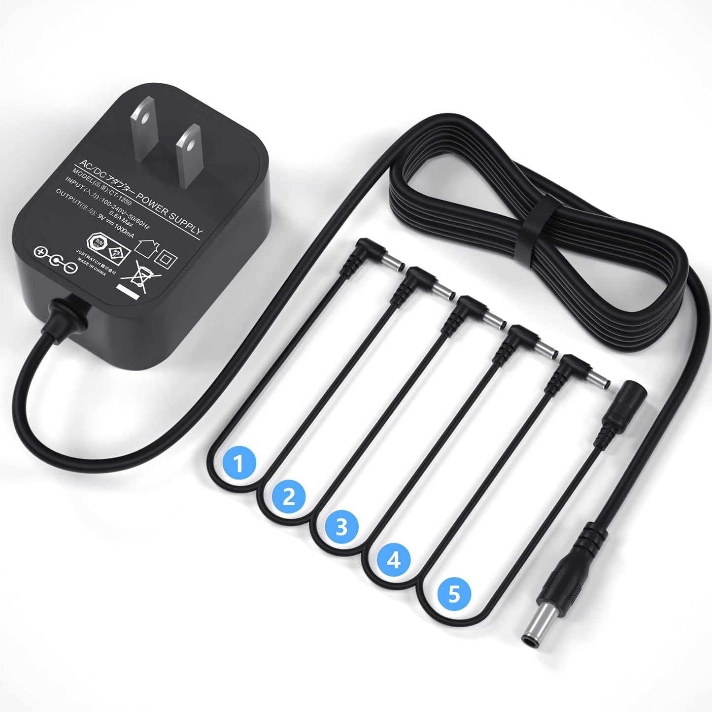 Replacement for 9V Guitar Pedal Power Supply 9 Volt Power Supply for Guitar Pedals，1A Tip Negative with 5 Way Daisy Chain Power Cable