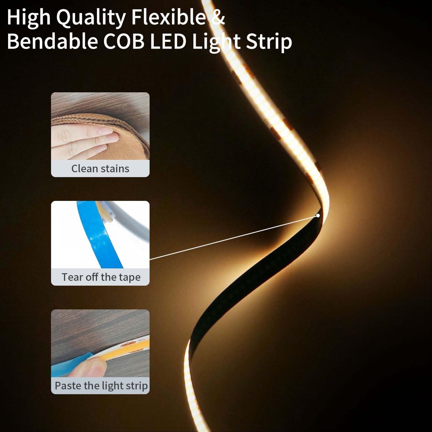 XINGZHI 2Pack USB LED Light Strip, 3000K Warm White COB LED Strip Lights, 3.28FT TV Lights Flexible Small Led Lights with Touch Switch Controller
