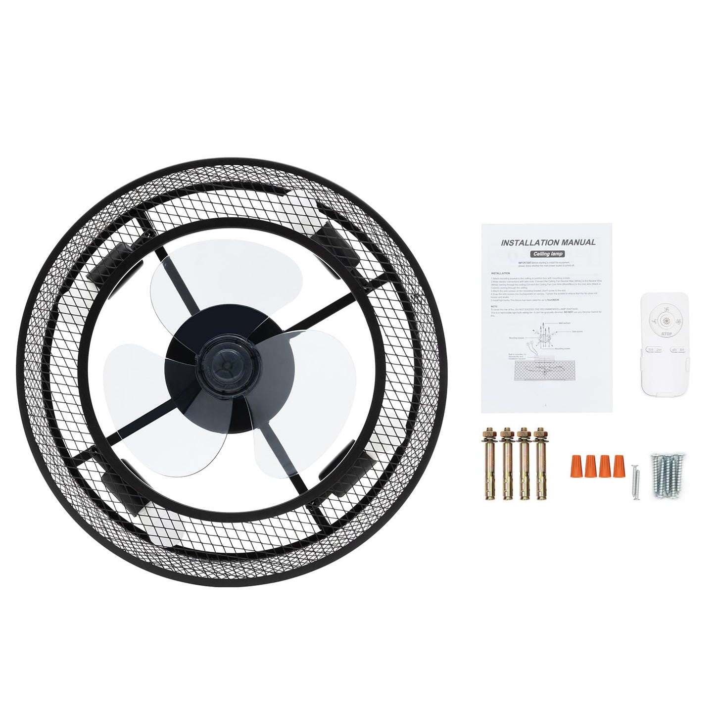 Caged Ceiling Fan with Light, 18 inch Industrial Enclosed Fan Light with Re