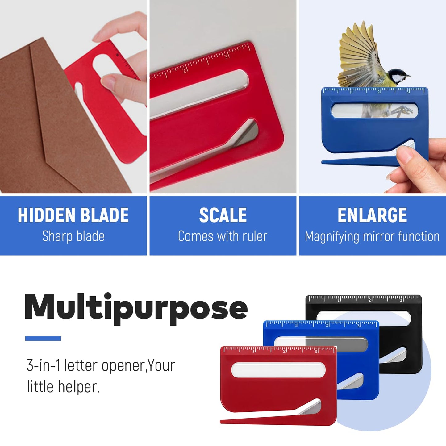 3 Pack Letter Opener Envelope Slitter, Credit Card Sized Mail Opener with Hidden Blade, Built in Ruler & Magnifier, Slim Envelope Cutter for Home