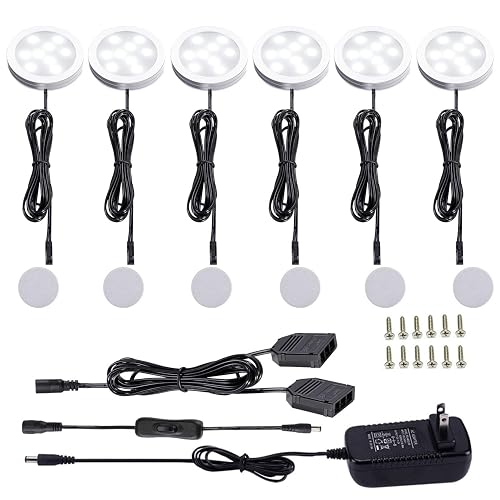 AIBOO 12V LED Under Cabinet Lights Kit 6 Pack Black Cord Aluminum Puck Lamps for Kitchen Counter Closet Lighting with Manual on/Off Switch 12W 6