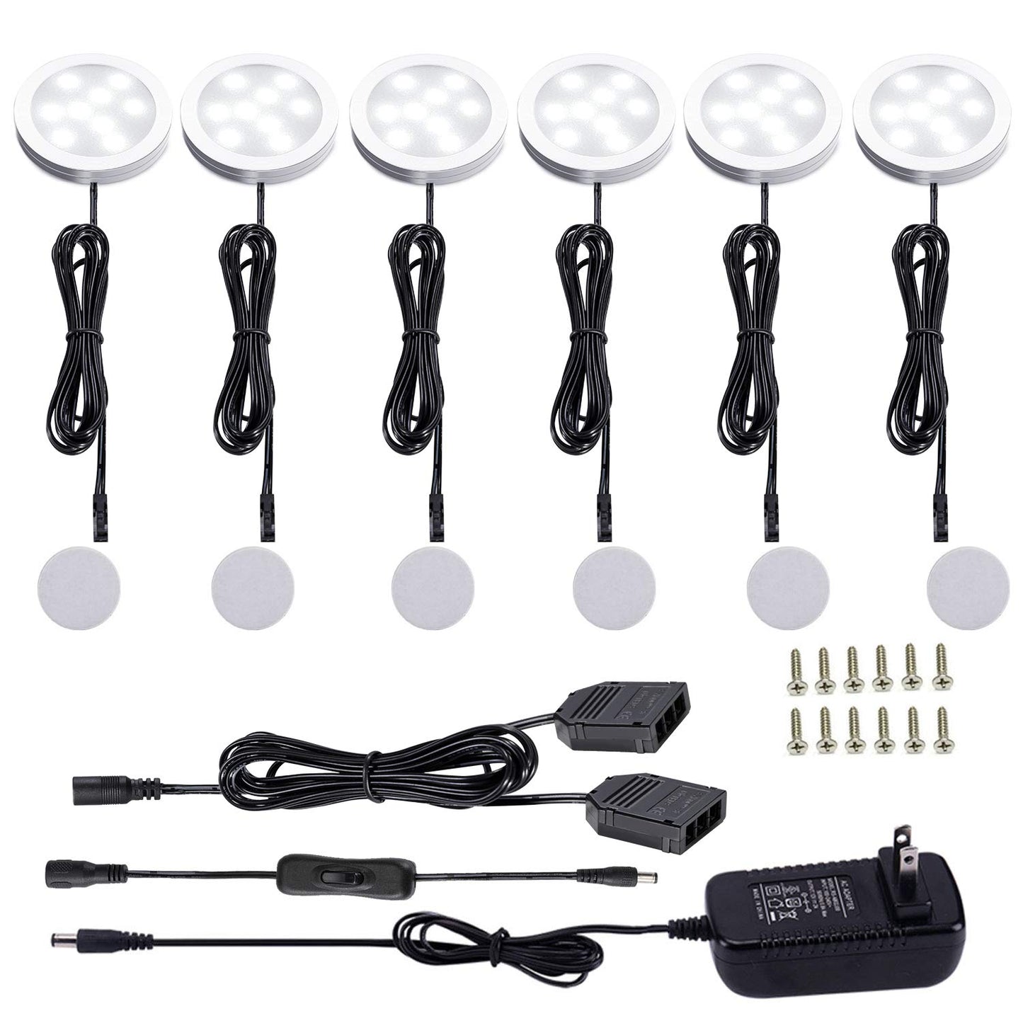 AIBOO 12V LED Under Cabinet Lights Kit 6 Pack Black Cord Aluminum Puck Lamps for Kitchen Counter Closet Lighting with Manual on/Off Switch 12W 6