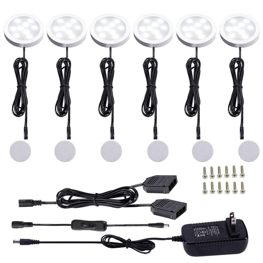 AIBOO 12V LED Under Cabinet Lights Kit 6 Pack Black Cord Aluminum Puck Lamps for Kitchen Counter Closet Lighting with Manual on/Off Switch 12W 6
