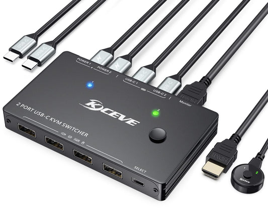 USB C KVM Switch 4K@60Hz, USB C Switch for 2 Laptops Share 1 Monitor and 4 USB Peripherals, Thunderbolt 3 Compatible, 100W PD, Wired Remote and USB-C