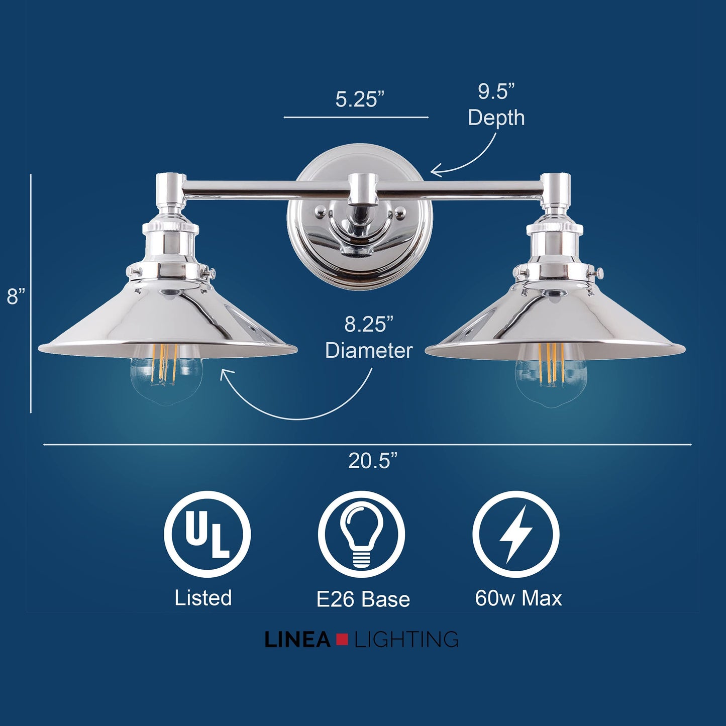 Linea di Liara Andante 2 Light Bathroom Vanity Light - Industrial Polished Chrome Fixtures Above Mirror, Farmhouse Lighting for Bathroom, Bulb