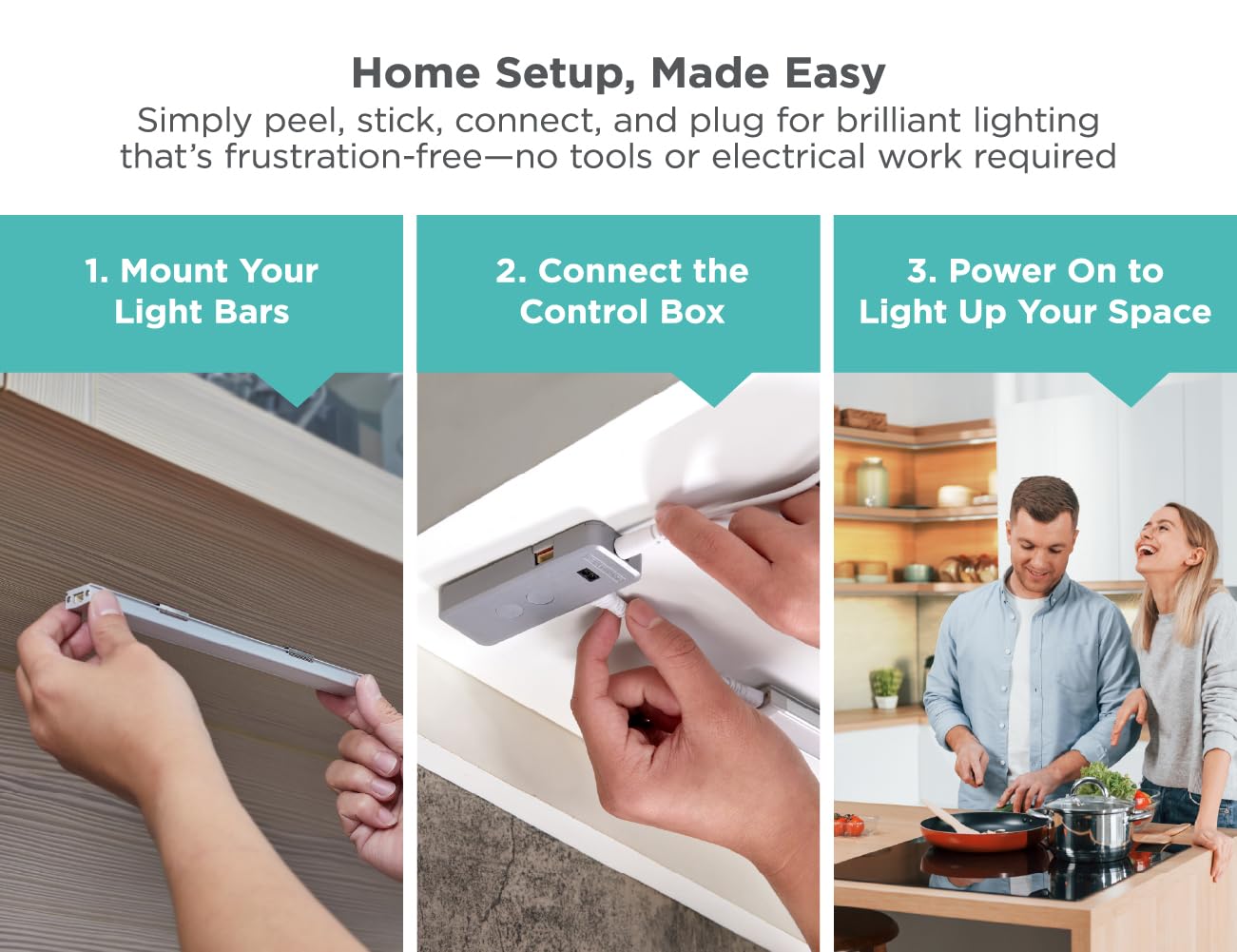 PureOptics LED Under Cabinet Lighting Kit, Motion Sensor, Dimmable, Linkable, 3 Color Settings, Tool-Free, for Kitchen, Pantry, Cabinets, Closets