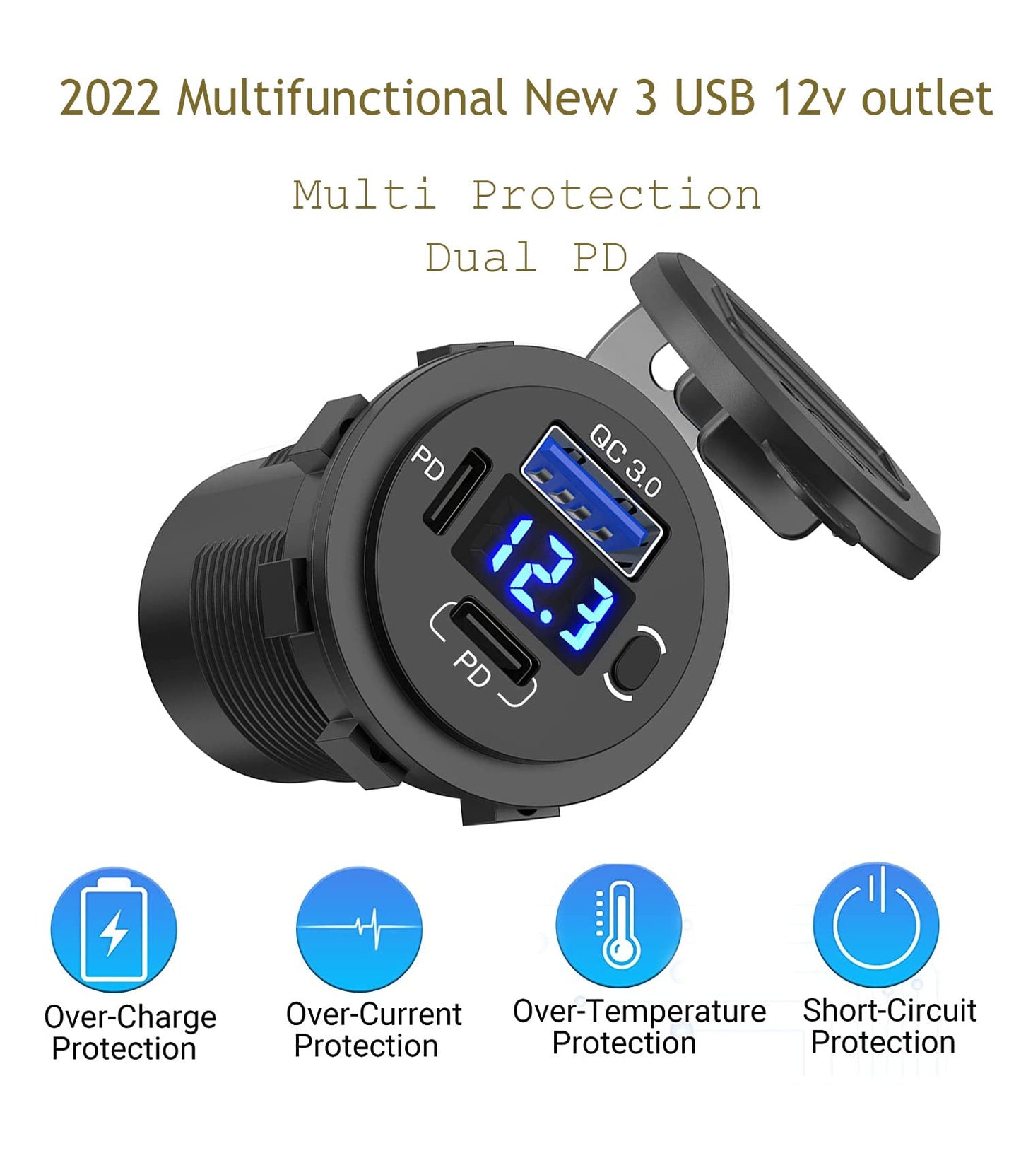 SUTNSCW 12V USB Outlet, Dual USB C Car Charger Socket & Quick Charge 3.0 Port with Voltmeter and Power Switch for Car Boat Marine Truck 2 Pack