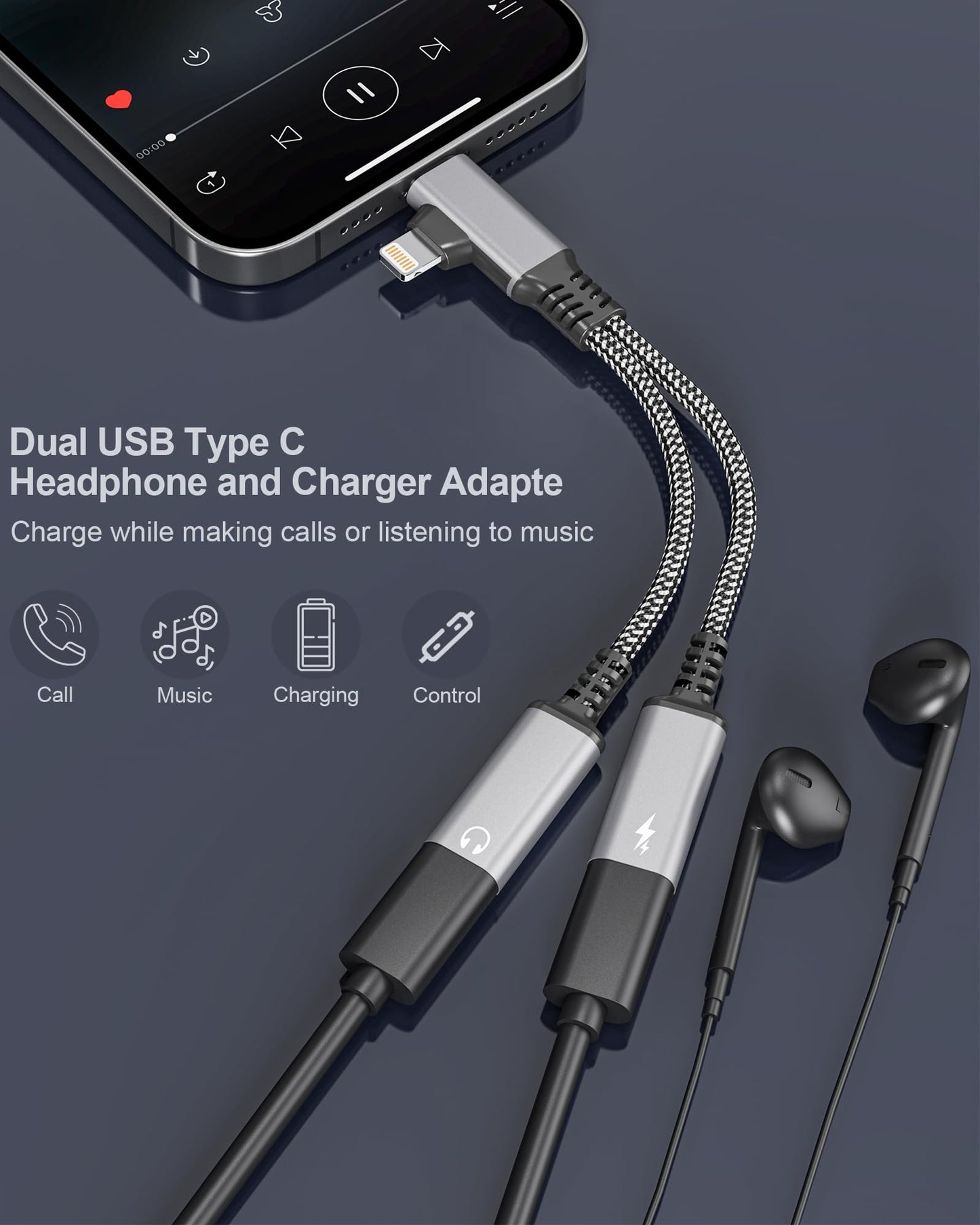 USBC Splitter 1 in 2 Out USB C Headphone and Charger Adapter - Type C & Lightning Male to Dual USB C Female Audio Dongle Cable, PD 60W Fast Charging +