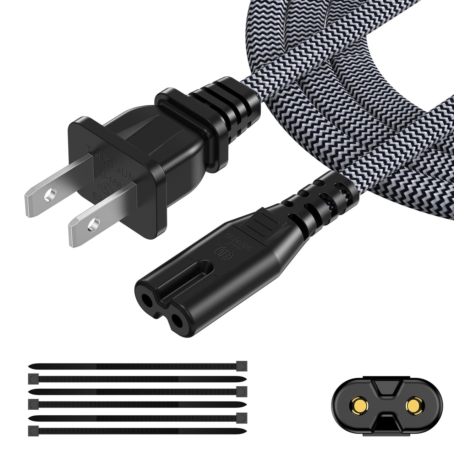 AC Power Cord 20FT (1 Pack), 2 Prong TV Power Cord, Nylon Braid Cable Replacement for Xbox One, PS3, PS4, PS5, Compatible for Printer, Monitor, Sound
